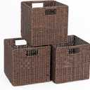 Brown Wicker Cube Storage Basket, 10.5x10.5 Foldable Woven Cube Storage Basket for Shelves, Set of 3 Square Bins for Shelf
