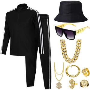 Men Tracksuit 2 Piece Outfits Sweatsuits Accessories Set Casual Full Zip Track Suits Jogging 80s Hip Hop Rapper Rocker (Medium, Black)