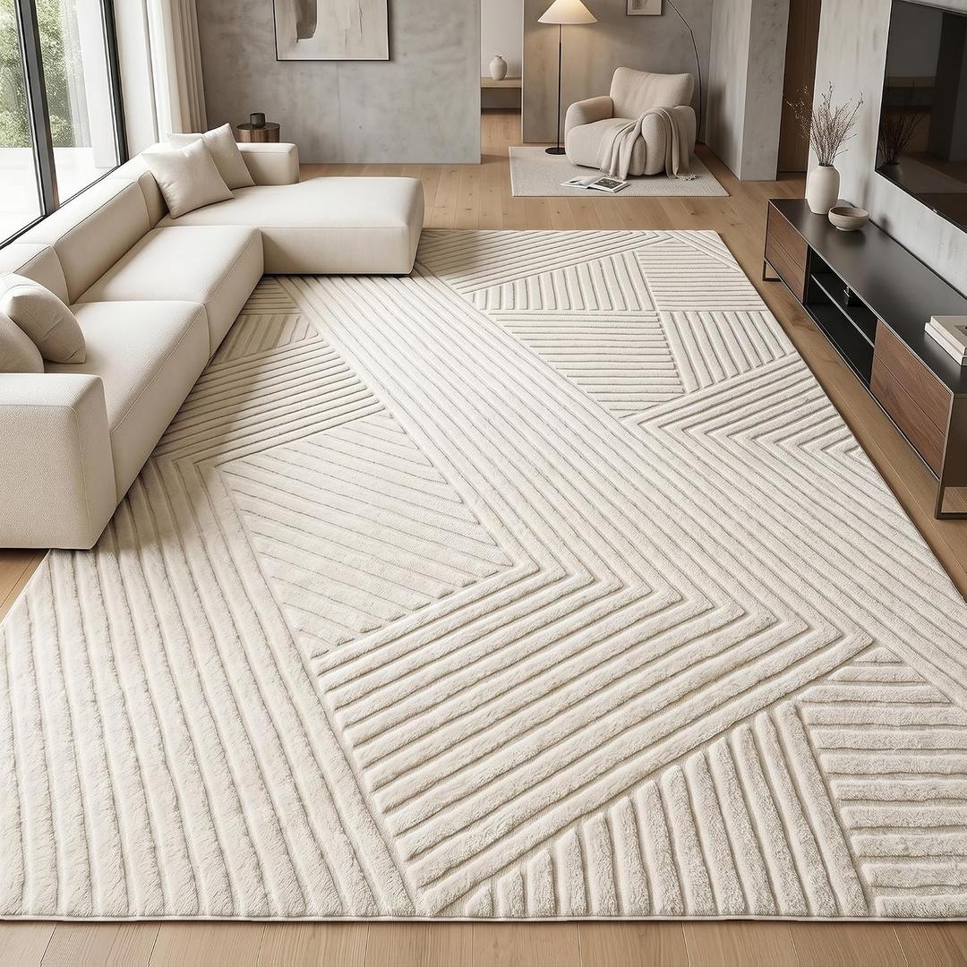 Beige 9x12 Geometric Solid Area Rug, Large Washable Living Room Rug