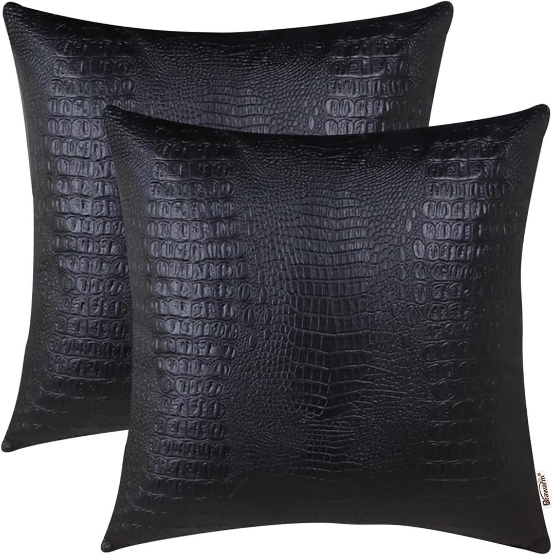 BRAWARM Faux Leather Pillow Covers 16 X 16 Inches, Black Leather Pillow Covers Pack of 2, Crocodile Leather Decorative Throw Pillows for Living Room Couch Bed Sofa Home