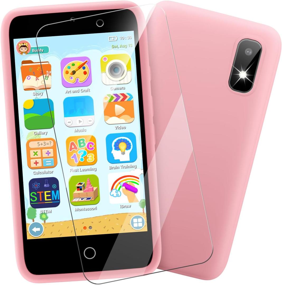 MINIBEAR Kids Toy Smartphone, 3.97" Toddler Dual Camera Learning Toys, 201+ Educational Games Play Phone No WiFi for Girls Boys 3-12 Christmas Birthday Gifts with 32g SD Card (Pink)