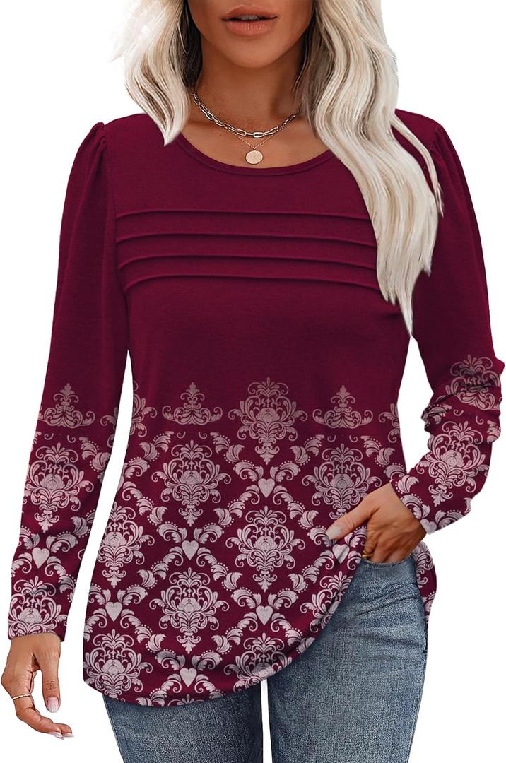 OFEEFAN Long Sleeve Shirts for Women Fall Fashion 2025 Dressy Casual Blouses Trendy Pleated Tunic Tops for Leggings (Red, XL)