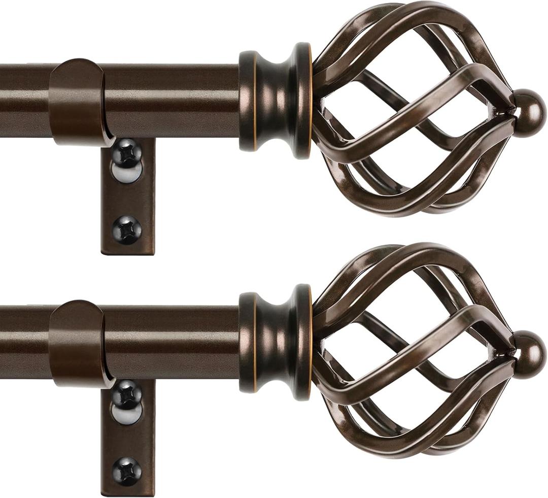 KAMANINA 2 Pack Curtain Rods 32 to 58 Inches (2.6-4.8ft), 3/4 Inch Curtain Rods for Windows Splicing Adjustable Single Drapery Rod with Twisted Cage Finial, for Indoor and Outdoor, Bronze