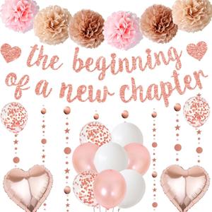 Congratulations The Beginning of a New Chapter Banner, Graduation Decorations Glitter Banners Rose Gold Garland Paper Pompoms, Farewell Party Supplies for Retirement Job Change Divorce Decoration
