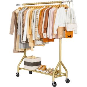 HYSEYY Heavy Duty Clothes Rack Load 450 LBS, Metal Garment Rack, Standing Rolling Clothing Rack for Hanging Clothes with Sturdy Wheels & Shelves, Portable Closet Wardrobe Rack,Gold