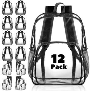 Amylove 12 Pcs Clear Backpacks Bulk Heavy Duty Transparent PVC Bookbag for Stadium Security Travel (15 Inches,Black)