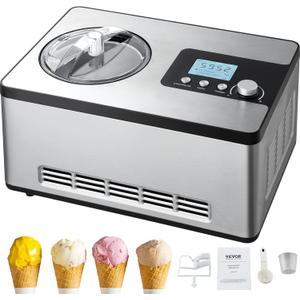 VEVOR Automatic Ice Cream Maker with Built-in Compressor, 2 Quart No Pre-freezing Fruit Yogurt Machine, Stainless Steel Electric Sorbet Maker, 3 Modes Gelato Maker with LCD Display & Timer, Silver (Horizontal)