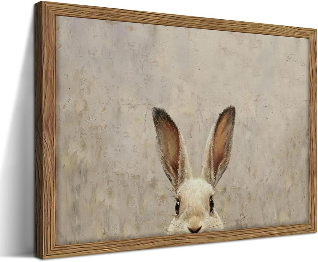 Vintage Framed Wall Art, Easter Bunny Wall Decor Painting, Small Neutral Animal Canvas Prints, Rustic Farmhouse Rabbit Artwork Pictures for Kids Room Living Room Bedroom Easter Decor 8x10 Inch