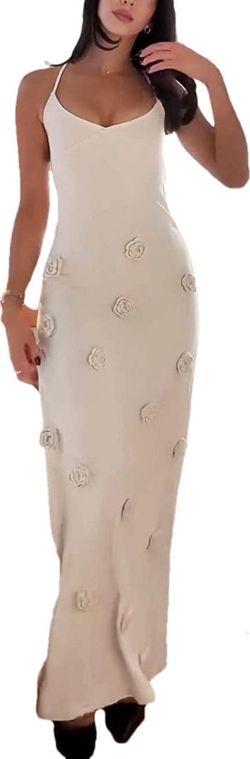 LOUSEA Women's 3D Floral Crochet Maxi Dress Spaghetti Strap Tie Waist Backless Bodycon Knit Beach Long Dress with Floral Applique for Summer Vacation Party Outfits (LS-1003-Apricot,S)