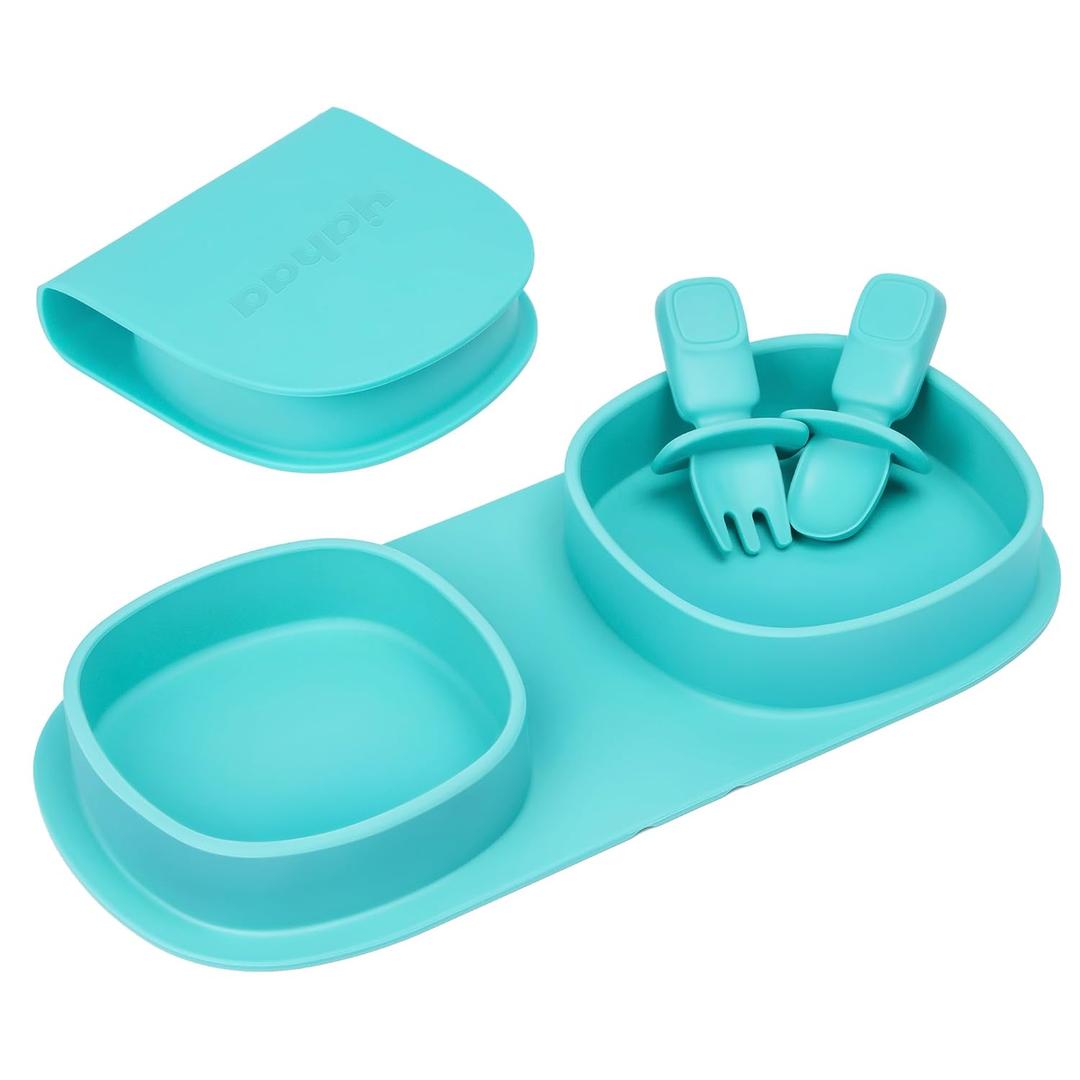 Toddler Plates Travel Essential on the go,Baby Plates with Forks and Spoons Self Feeding 6 months,Foldable,Silicone,BPA Free,Aqua