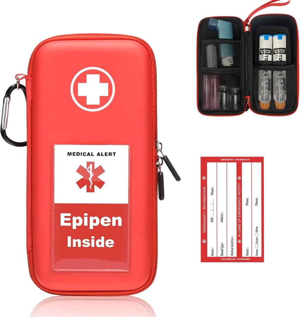 EpiPen Carry Case, Hard Emergency Medical Bag with Carabiner-for 2 EpiPens, Asthma Inhaler, Auvi-Q, Eye Drops, Anti-Histamine, Allergy Medication, Diabetes Travel Case for Adults and Kids