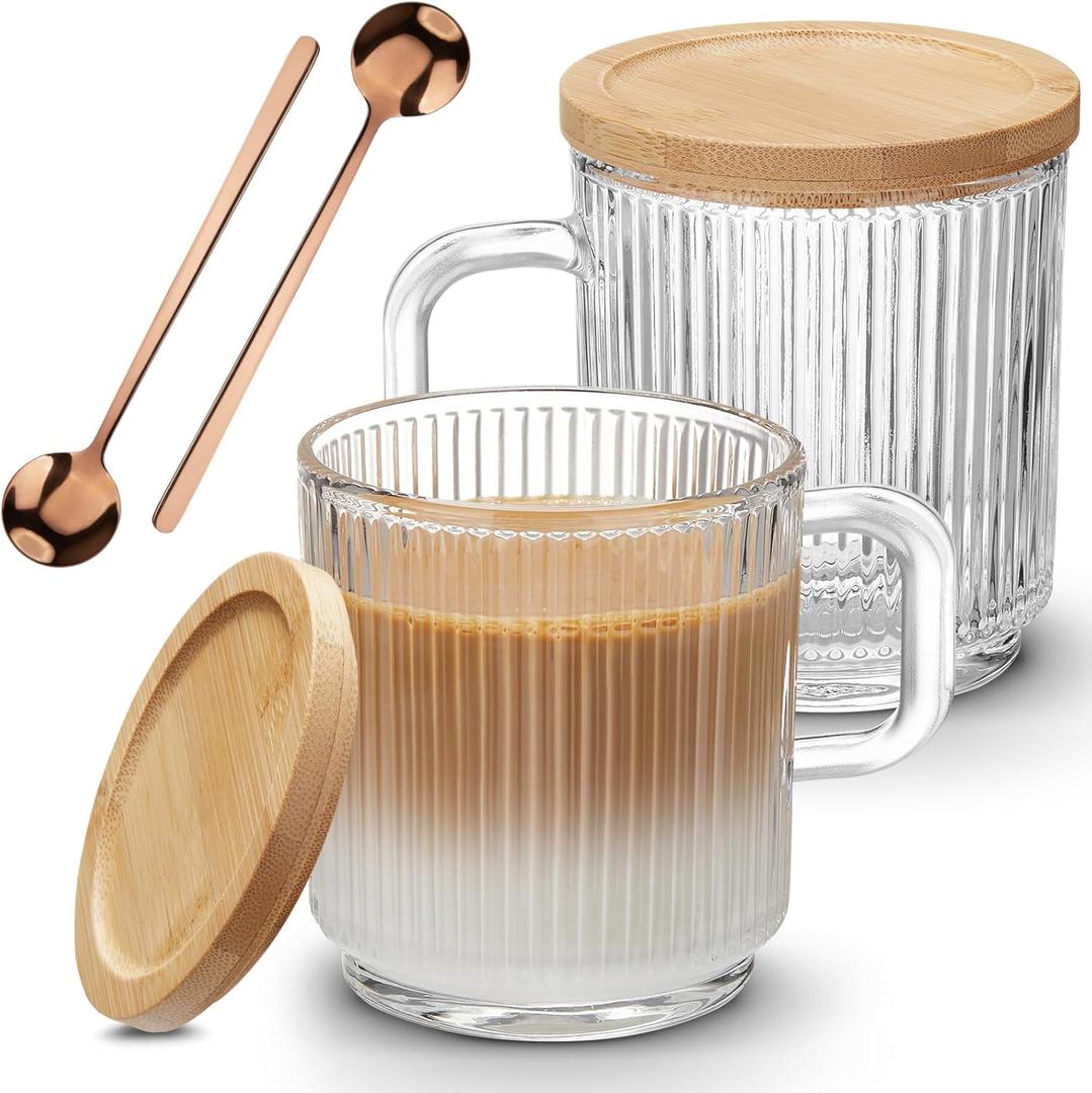 Mfacoy 2 PACK Glass Coffee Mugs with Handle & Spoon, 12 OZ Glass Coffee Cups with Bamboo Lid, Ribbed Glass Cups, Clear Tea Cup for Hot/Cold Beverages, Glassware Set for Americano, Latte, Cappuccino