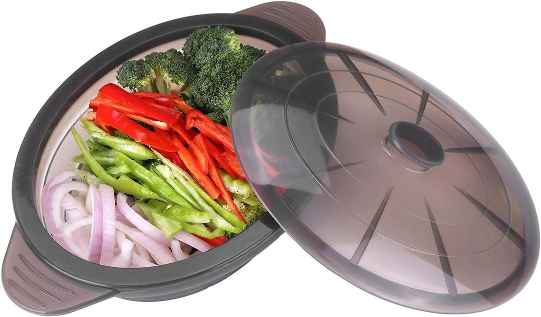 Microwave Steamer Cooker Collapsible Bowl-Silicone Steamer Cookware with Handle Lid for Vegetables Fish Prep Meal Food with Removable Rack BPA Free, Easy to Store, Freezer & Dishwasher Safe, Large (Black)