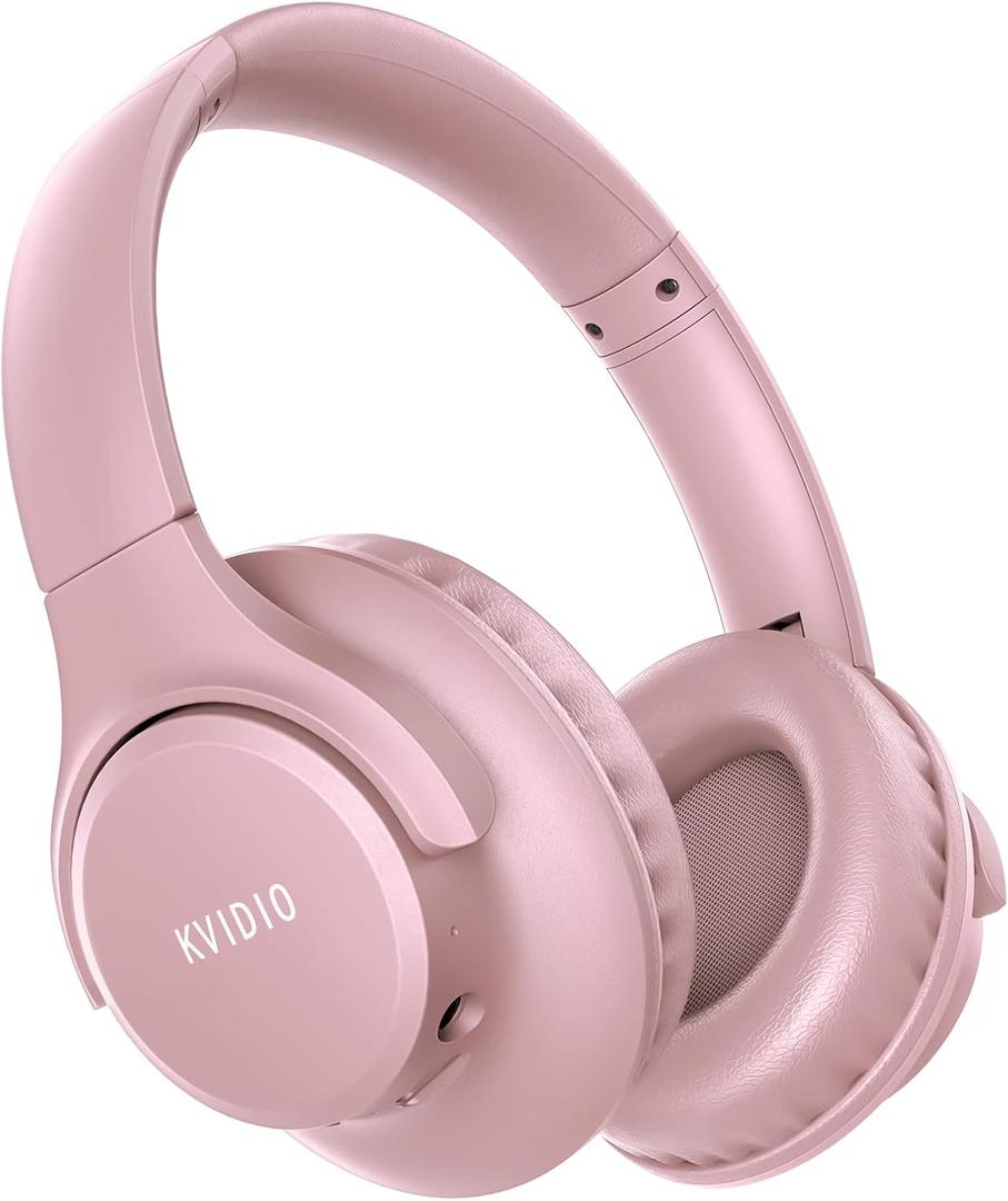 KVIDIO Bluetooth Headphones Over Ear, 65 Hours Playtime Wireless Headphones with Microphone, Foldable Lightweight Headset with Bass and Stereo Sound (Pink)