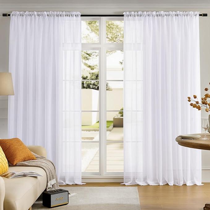 MYSTIC-HOME Sheer Curtains White 84 Inches Long, Window Treatments Rod Pocket Drapes for Living Room, Bedroom, Semi Crinkle Voile Extra Wide Curtains for Yard, Villa, Parlor, 108"x 84"