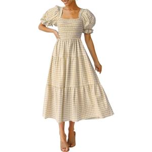 ZESICA Women's 2026 Bohemian Summer Plaid Square Neck Puff Sleeve Ruffle Flowy Beach Midi Dress (Beige), XS