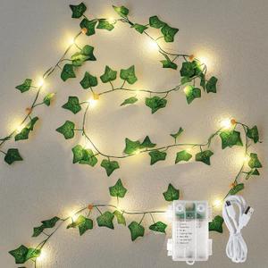 Vine with String Lights Battery Operated, 23FT 73 LED Ivy Leaf Lights USB Powered, Lighted Ivy Garland for Bedroom, Wall, Party, Garden, Birthday, Wedding, Room Decor, Warm White (73LED-Copper Wire)