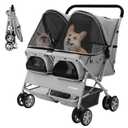 Double Pet Stroller for 2 Small Dogs & Cats, Side-by-Side Twin Travel Carriage with Safety Leashes, Mesh Windows & Double Storage Baskets, Lightweight & Foldable, 44lbs Capacity, Gray