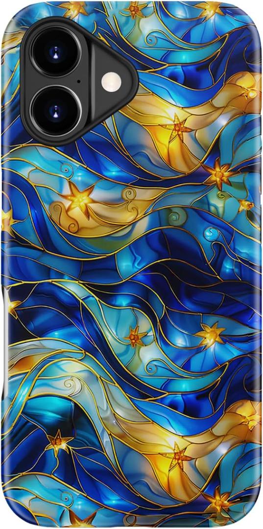 for iPhone 17 Case - Wireless Charging Compatible - Dual-Layer Hard Shell + Silicone Cover - Shockproof Protective Phone Case with Stylish Designs for Women - Abstract Bule Gold Water