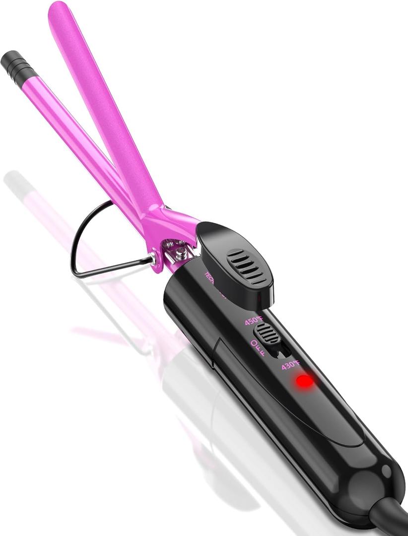 3/8 Inch Small Curling Iron for Short Hair, Dual Voltage Hair Curler with 2 Heat Settings 430F & 450F for Tight Curls, Pink
