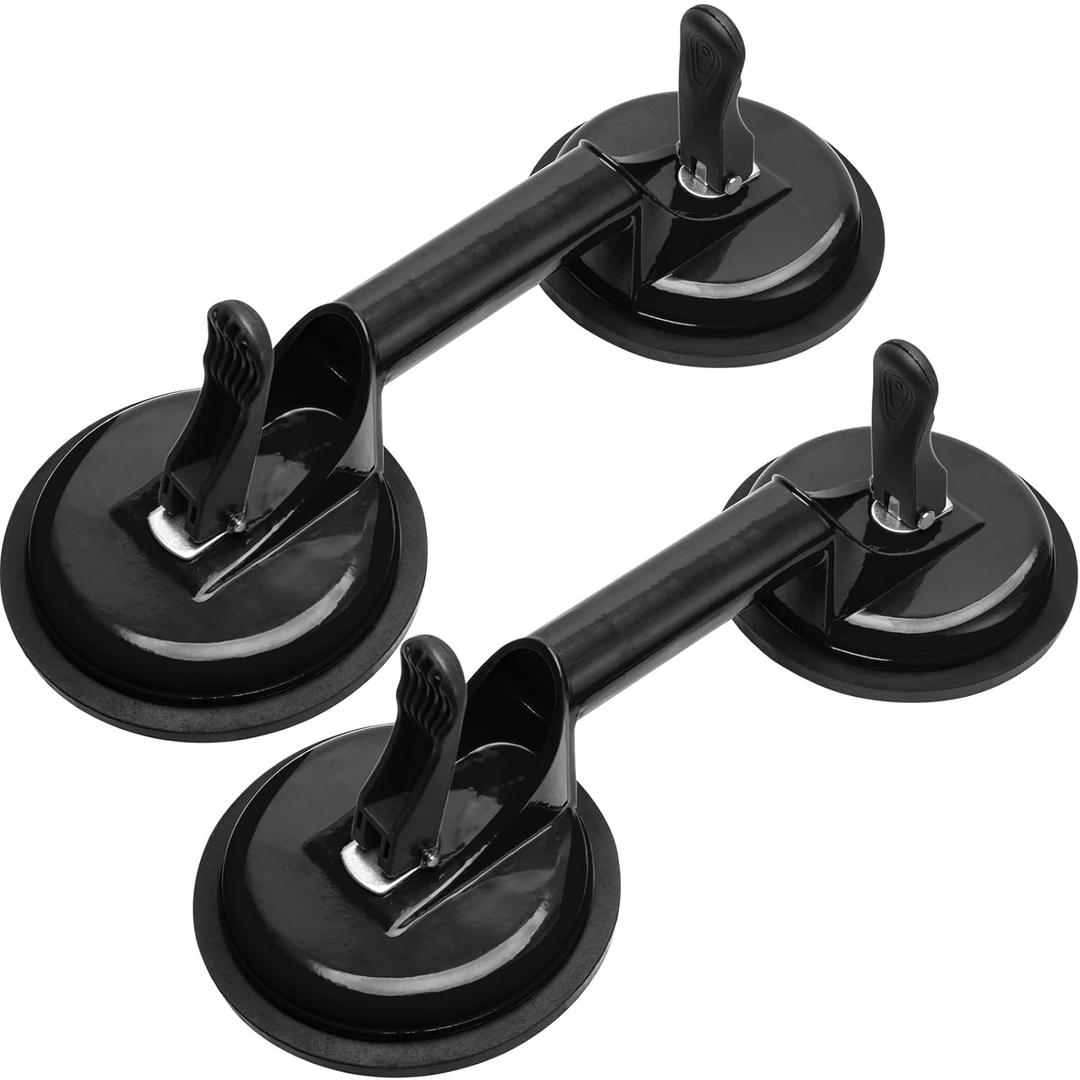 Heavy Duty Suction Cups - Aluminum Vacuum Handle Glass & Tile Lifter - Ergonomic, Reliable Suction for Lifting Large Glass, Tile, Marble, Floor, Dent Puller (2 Pack Black)