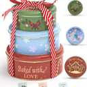 Christmas Cookie Tins with Lids, Set of 3 Larger Holiday Containers for Homemade Cookies, Gifts, Treats, Reusable Round Metal Storage Boxes with 3 Premium Greeting Cards & 16.5ft Ribbon