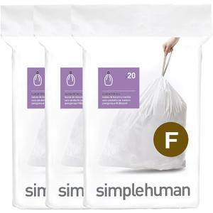 simplehuman Code F 60 Count, Dispenser Pack Custom Fit Liners, Drawstring Trash Bags, 25-30 Liter / 6.6-8 Gallon, White