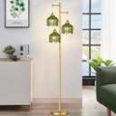 QIYIZM Gold Floor Lamp for Living Room,Bedroom,Mid Century Modern Standing Lamp Brass Tree 3 Light Tall Floor Lamps Vintage Retro Floor Lights Glass Green Flower Lamp Shade Farmhouse Boho Bohemian