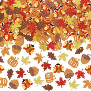 LeeSky 200Pcs Thanksgiving Turkey Confetti for Tables, Maple Leaves & Pumpkin Shaped, Brown, Orange, Yellow, Red, Glitter Cardstock Confetti, Perfect for Thanksgiving & Friendsgiving Table Decorations