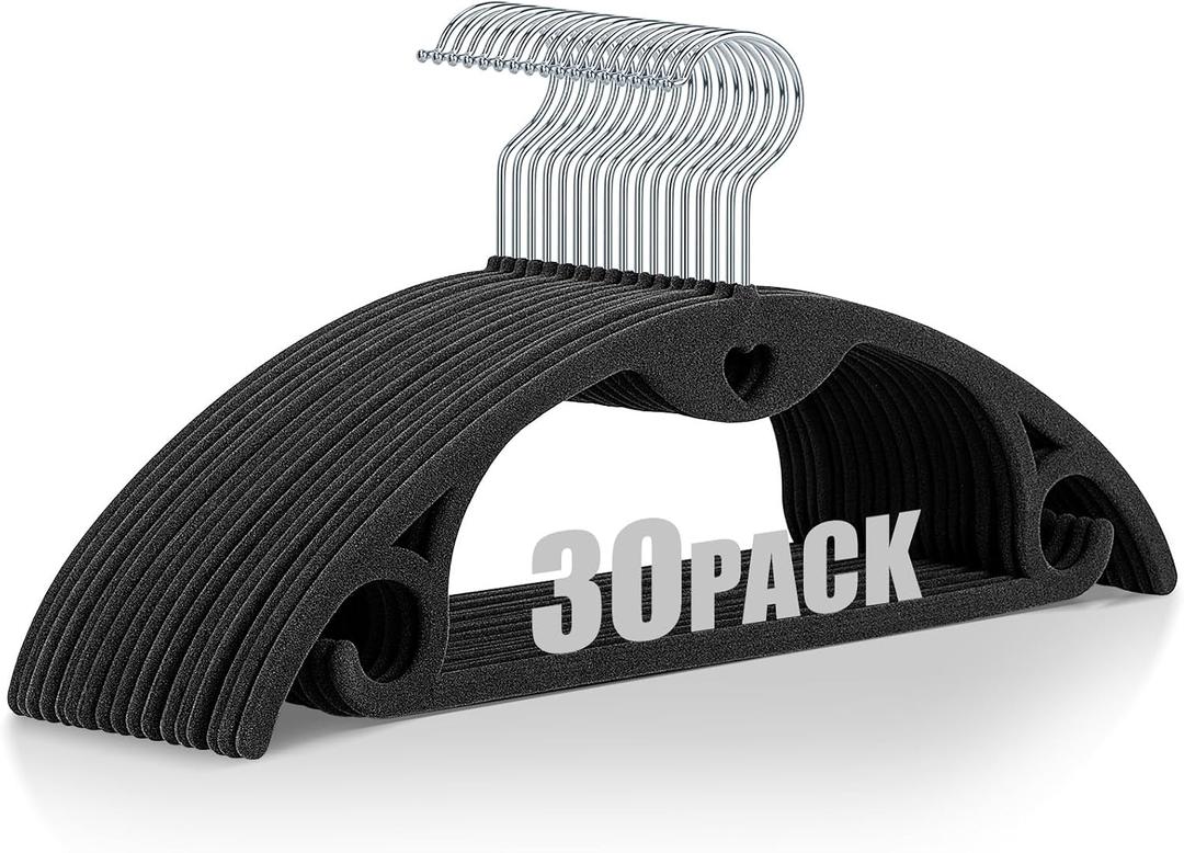 Velvet Hangers 30 Pack: Felt Clothes Hangers Heavy Duty Shirt Sweater Hangers No Shoulder Bump Non Slip Slim Thin Coat Hangers for Closet - Black/18 XL, Large-30 Pack