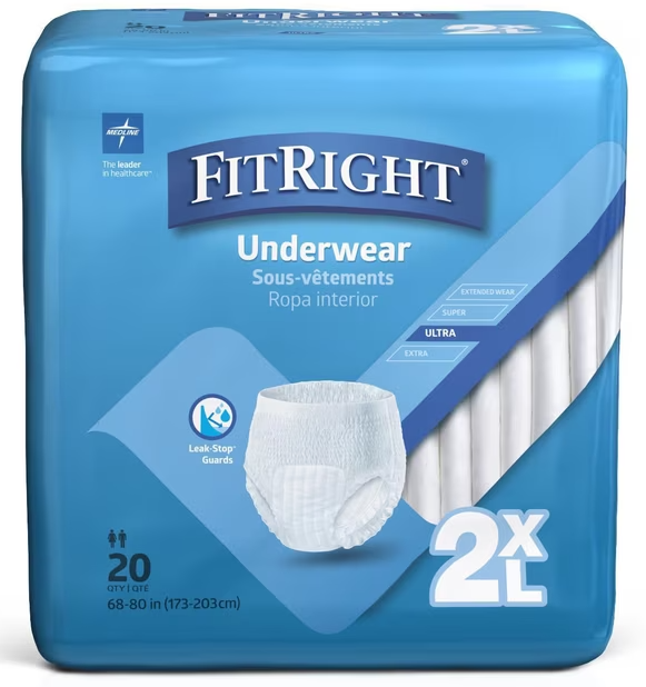 FitRight Heavy Absorbency Protective Underwear, Size 2XL, For Waist Size 68"-80", Bag of 20