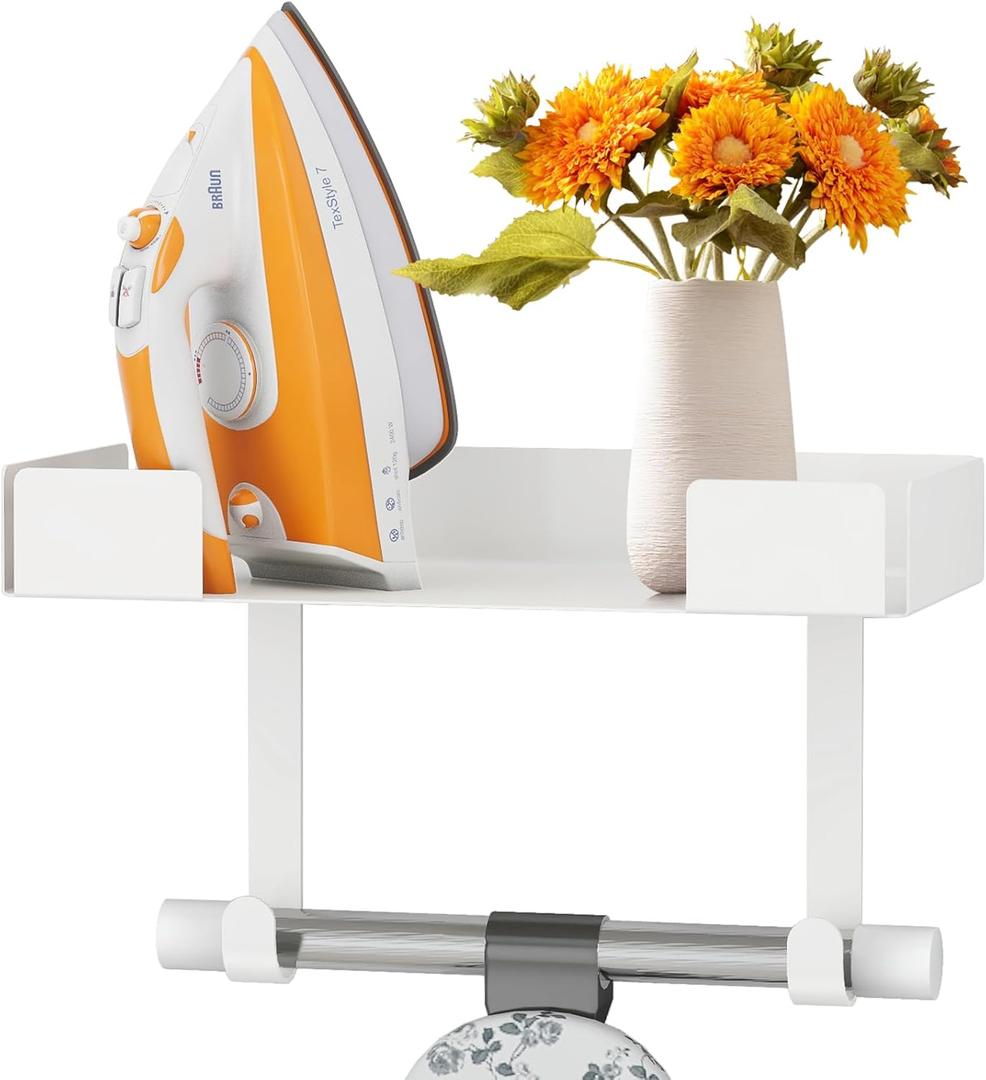 JUYSON Ironing Board Holder Wall Mount, Iron Board Storage Hanger for Laundry Rooms, Iron and Ironing Board Set Holder (White-with Shelf)