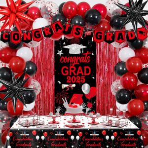 Red Graduation Party Decorations 2025, Red Black Graduation Decorations Class of 2025 Congrats Grad Door Banner, Tablecloth Star Balloons 2025 Grad Backdrop for High School College Grad Decor