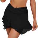 GRAPENT Swim Skirt Bottoms for Women Criss Cross High Waisted Bikini Bottom Layered Mesh Flowy Shorts Bathing Suit Skort (Small, Black)