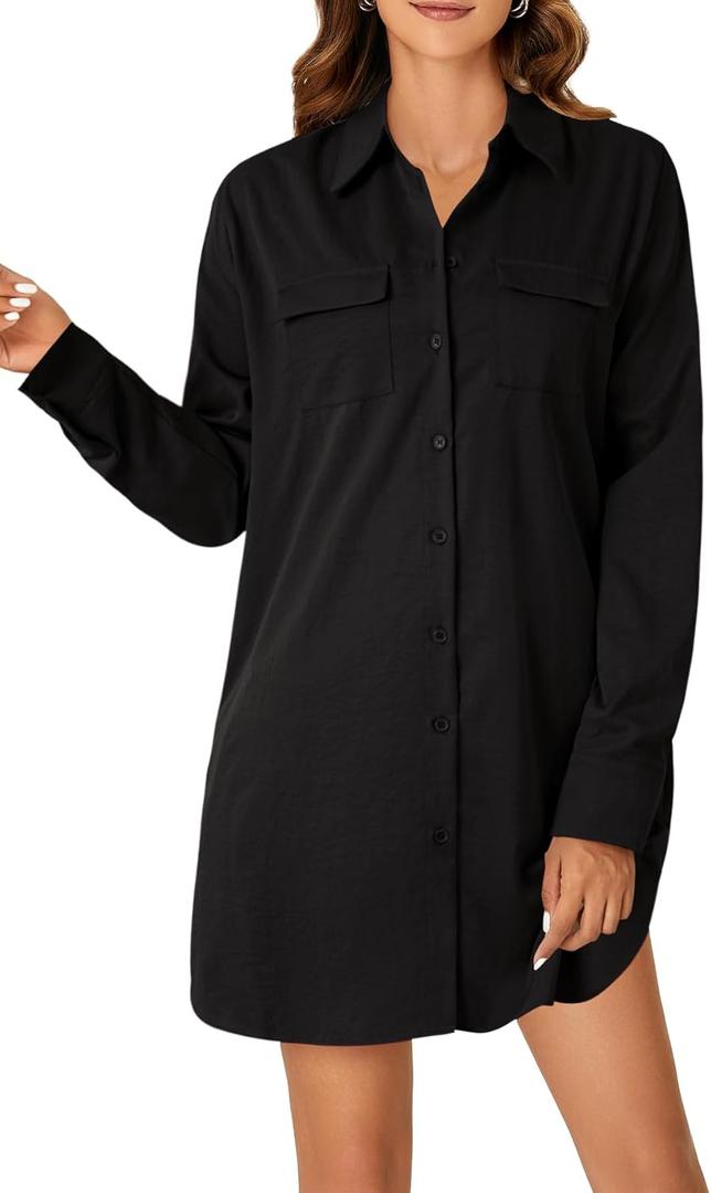 LYANER Women's Button Down Shirt Dresses Collared V Neck Long Sleeve Slit Mini Dress (Large, Black)