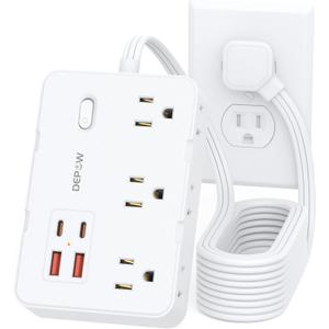 DEPOW Surge Protector Power Strip with Flat Plug, 10 FT Extension Cord with 6 AC Outlets 4 USB Ports(2 USB-C),1050J Surge Protection, Wall Mountable Charging Station for Office, Home, White