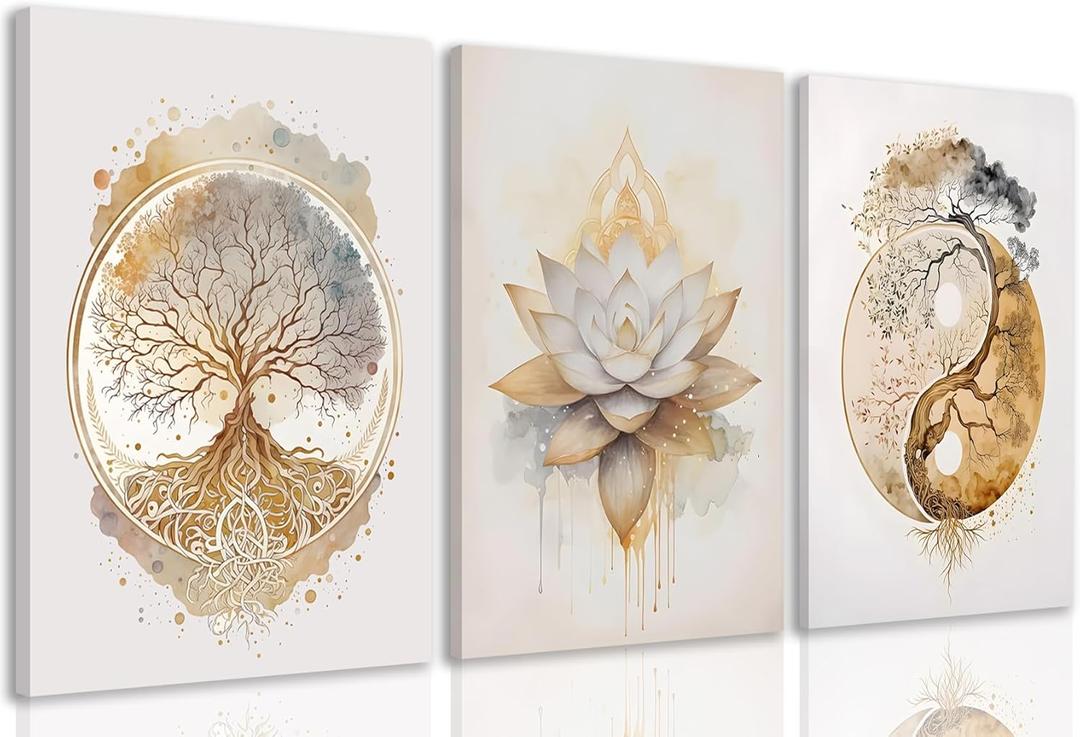 tgguytiy Tree of Life Canvas Wall Art Set of 3 Lotus Zen Painting Picture Wall Decor Abstract Yin Yang Fall Art Poster Print Artwork for Living Room Yoga Room Hotel Bedroom Home Decor16x24in Framed (24Lx16W)