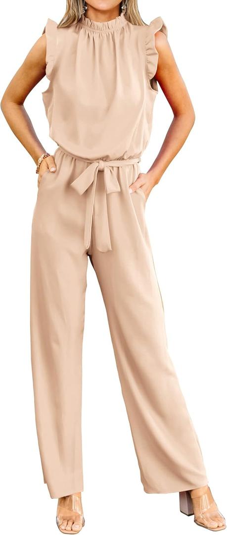 KIRUNDO Jumpsuits For Women Dressy Summer One Piece Sleeveless Ruffle Mock Neck Belt Pockets Formal Wide Leg Pants Romper (XX-Large, Khaki)