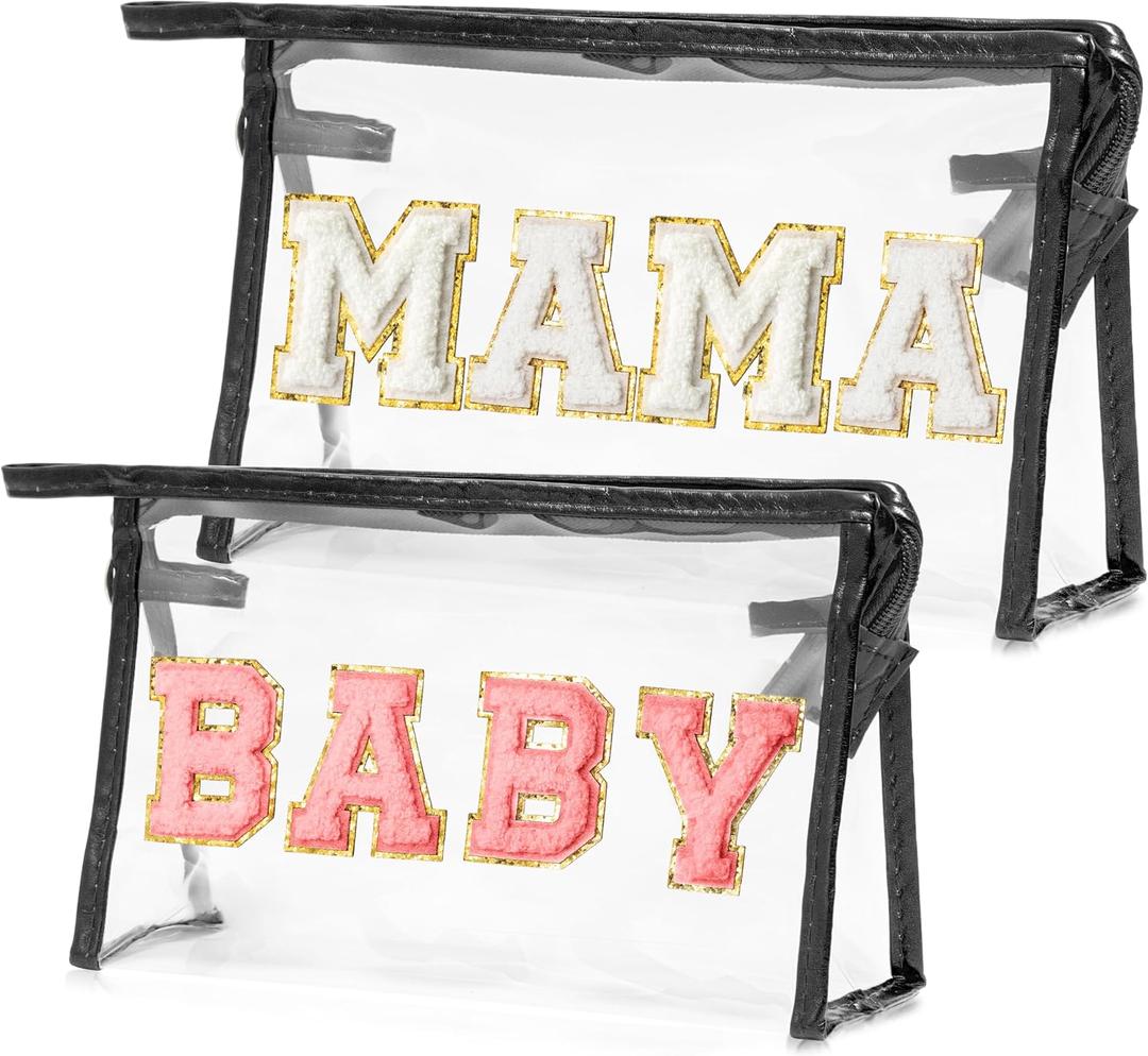 CY2SIDE MAMA Baby Bag Set - 2PCS Clear MAMA Letter Patch Makeup Bag with Handle for Travel Cosmetic Pouch for Toiletries Waterproof Travel Organizer Baby Reveal Gift Mothers Day Gift Black