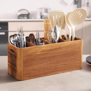16" Wooden Kitchen Utensil Holder, Extra Large Acacia Wood Organizer for Cooking Tools, Utensils & Cutlery Storage  4-Compartment Countertop Holder