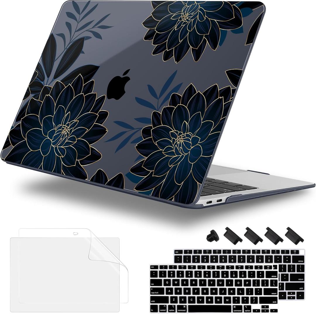 for MacBook Air 13 Inch Case 2020-2018 (A2337 M1 A2179 A1932), Shockproof Hard Shell Cover with Screen Protector, for Retina Display & Touch IDFull Protection for MacBook Air, Flower Dahlia
