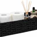 Back of Toilet Basket with Wood Handles, Black Wicker Toilet Paper Basket for Toilet Tank Top, Narrow Toilet Tank Basket, Bathroom Basket Organizer for Wipes & Essentials