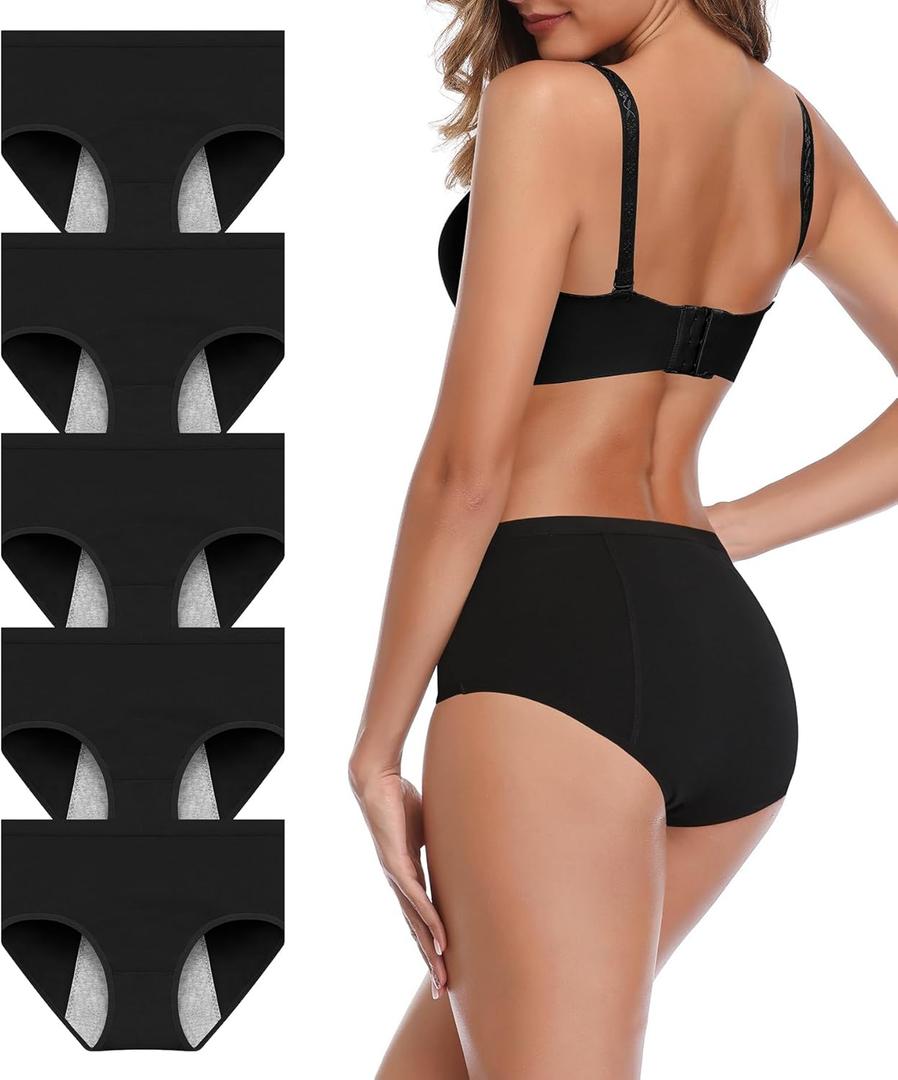 JojoQueen Period Underwear for Women Menstrual Panties Cotton Postpartum Easy Clean Teens Brief (Large, Black-b, 5 Pack)