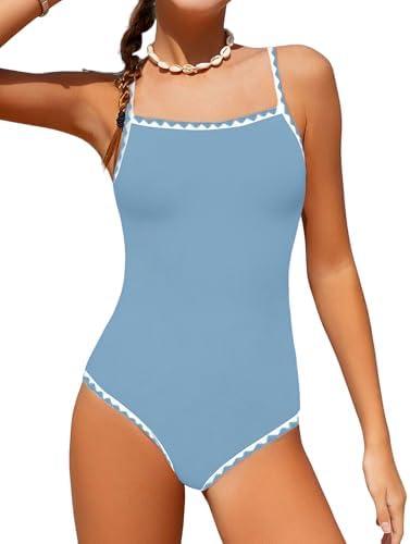 WIQI Girls Swimsuit One Piece Bathing Suit Color Contrast Trim Girls' Swimwear with Cover Up Skirt Size 9-16