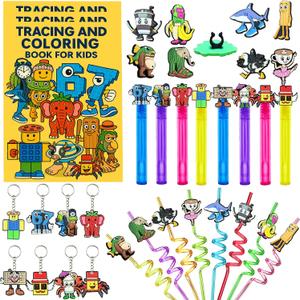 Brainrot Party Pack 40PCS Italian Brainrot Party Favors Set with Coloring & Tracing Books, Bubble Sticks, Spiral Straws, Keychains and Pencil Toppers
