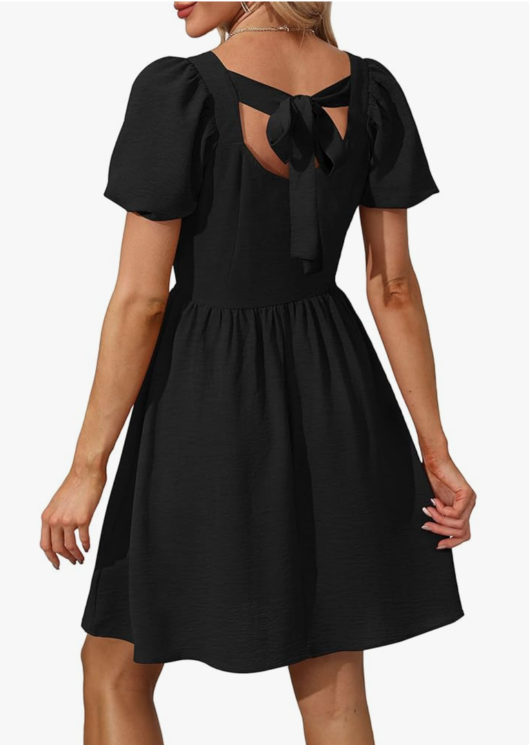 OFEEFAN Women Puff Sleeve Square Neck Tie in Back Dresses with Zipper S