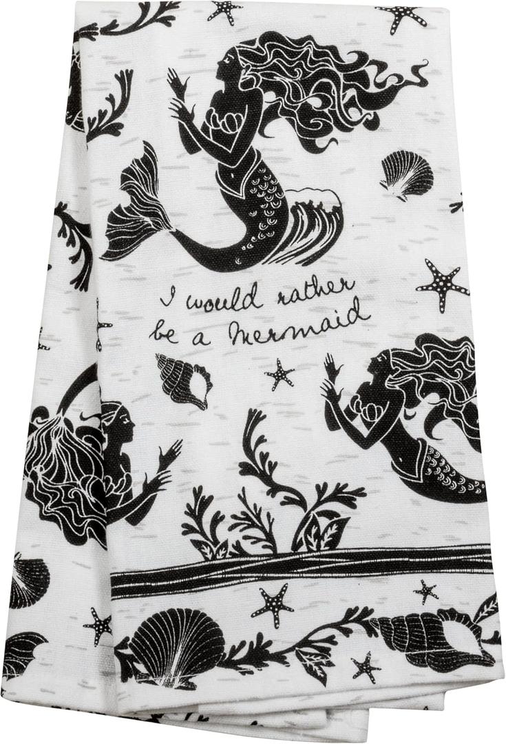 Karma Gifts Black And White Boho Tea Towel,Cotton, Mermaid 18" x 22"
