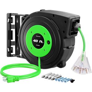 DEWENWILS Retractable Extension Cord Reel, 40 FT Heavy Duty Power Cord, 12/3C SJTOW Retractable Cord Reel, Lighted Triple Tap Outlets, 15A Circuit Breaker, Wall/Ceiling Mount, UL Listed, Green