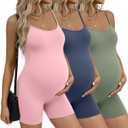 JoyMotion 3 Pack Women's Maternity Bodysuits Pregnancy Yoga Workout Jumpsuits Casual Tank Top Shorts Rompers(Medium, Pink, Haze Blue, Gray Green)