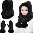 Chuarry 2 Pcs Women's Faux Fur Infinity Scarf and Winter Gloves Set Include Soft Hooded Scarf Touchscreen Fur Gloves (Black)